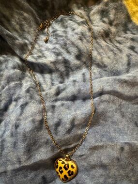 Gold Heart Leopard Print Pendant Necklace - Women Jewelry